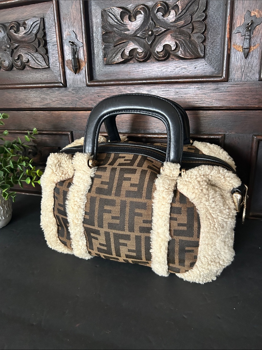 Brown Monogram Satchel with Cream Shearling Trim